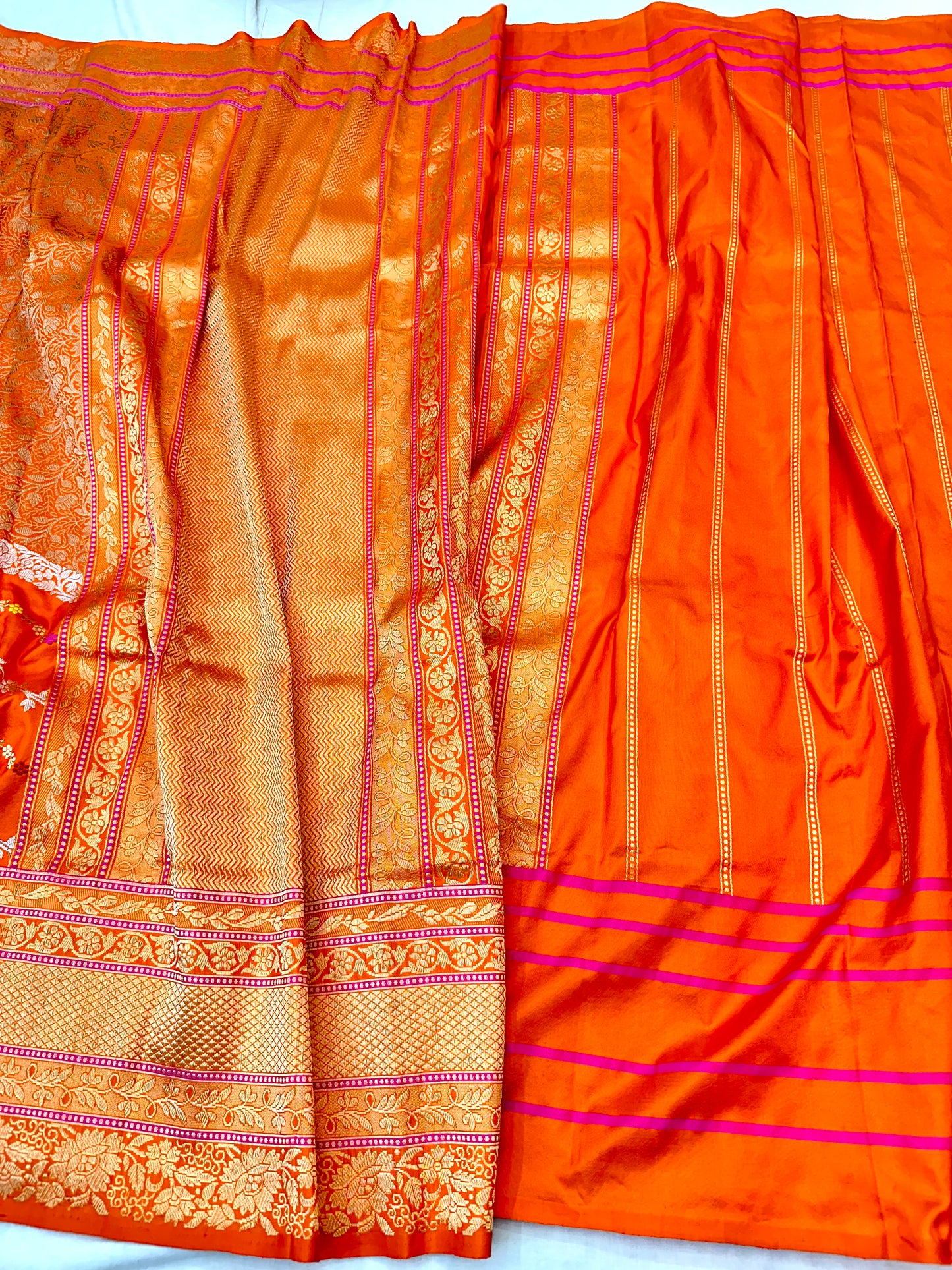 Orange Designer Handloom Pure Banarasi Katan by Katan Silk Kadhwa weave Saree