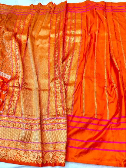 Orange Designer Handloom Pure Banarasi Katan by Katan Silk Kadhwa weave Saree