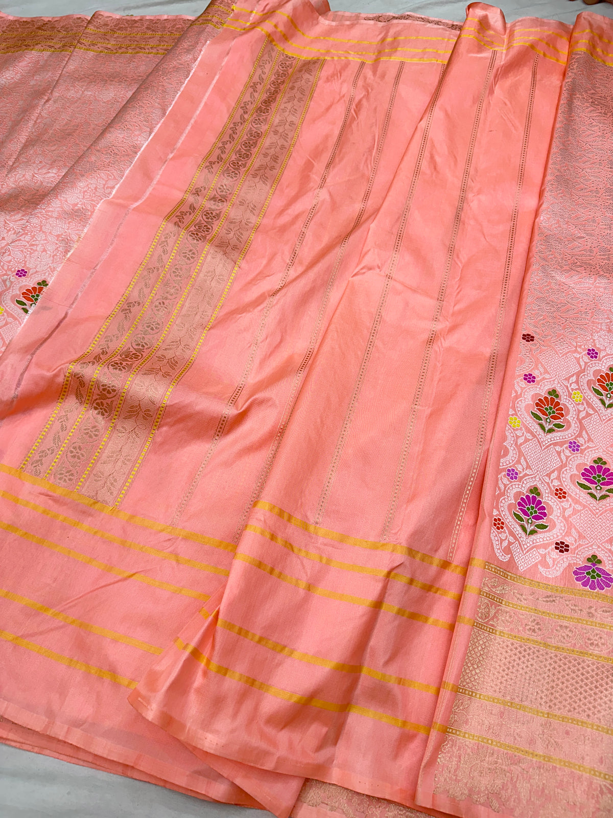 Peach Handloom Pure Banarasi Katan by Katan Silk Kadhwa weave Saree