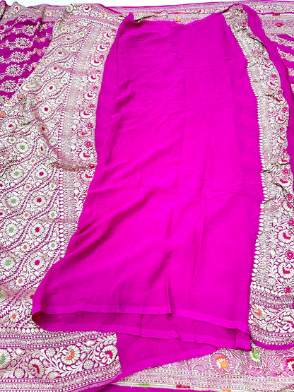 Rani Pink Banarasi Chiffon Georgette Cutwork weave dyeable Saree
