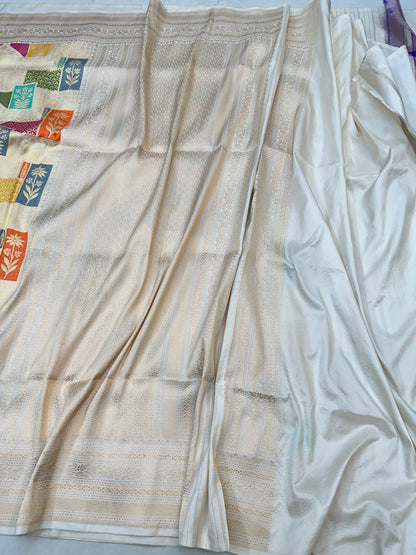 Half white Rangkat designer Pure Handloom Banarasi Katan by Katan Silk Kadhwa weave Saree