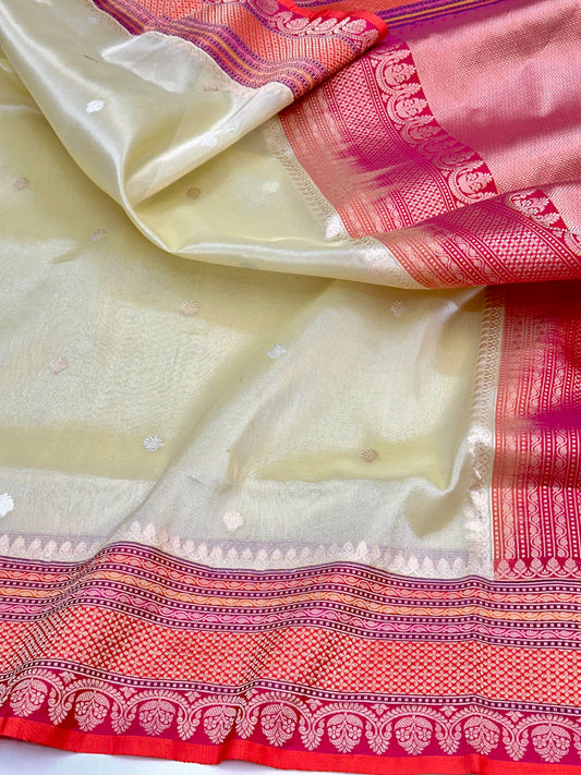 Golden zari Pure Banarasi Handloom Kadhwa weave organza Tissue Saree