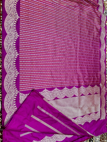 Magenta Stripes Scallop border Designer Handloom Pure Banarasi Katan by Katan Kadhwa weave Silk Saree