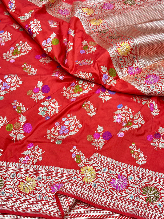Red Pure Handloom Banarasi Katan by Katan Silk Kadhwa weave Saree
