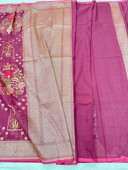 Gajri Pure Banarasi Cotton Jamdani Cutwork weave Saree