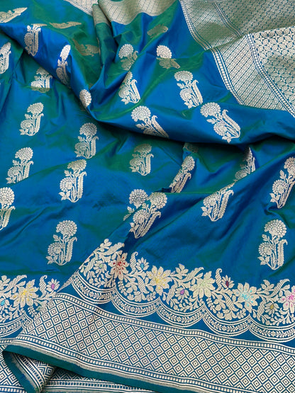 Peacock green Handloom Pure Banarasi Katan by Katan Silk Kadhwa weave Saree
