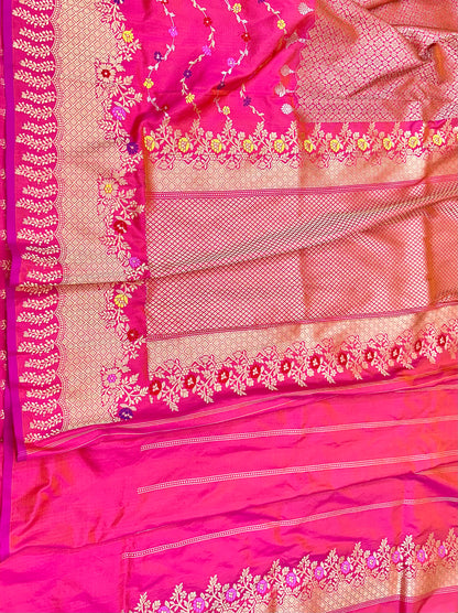Strawberry Pink Designer Half-Half Handloom Pure Banarasi Katan by Katan Silk Kadhwa weave Saree