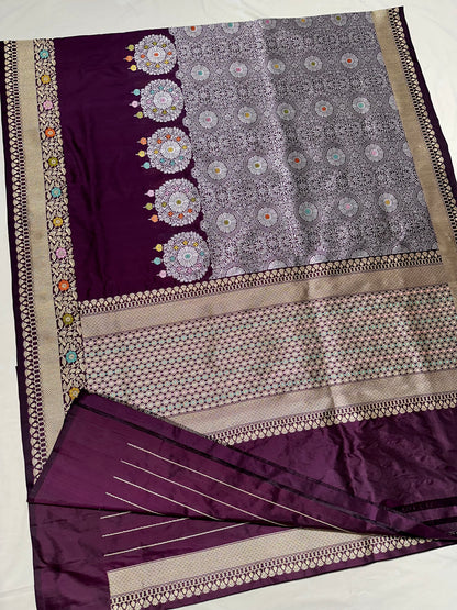Wine Designer Handloom Pure Banarasi Katan by Katan Silk Kadhwa weave Saree
