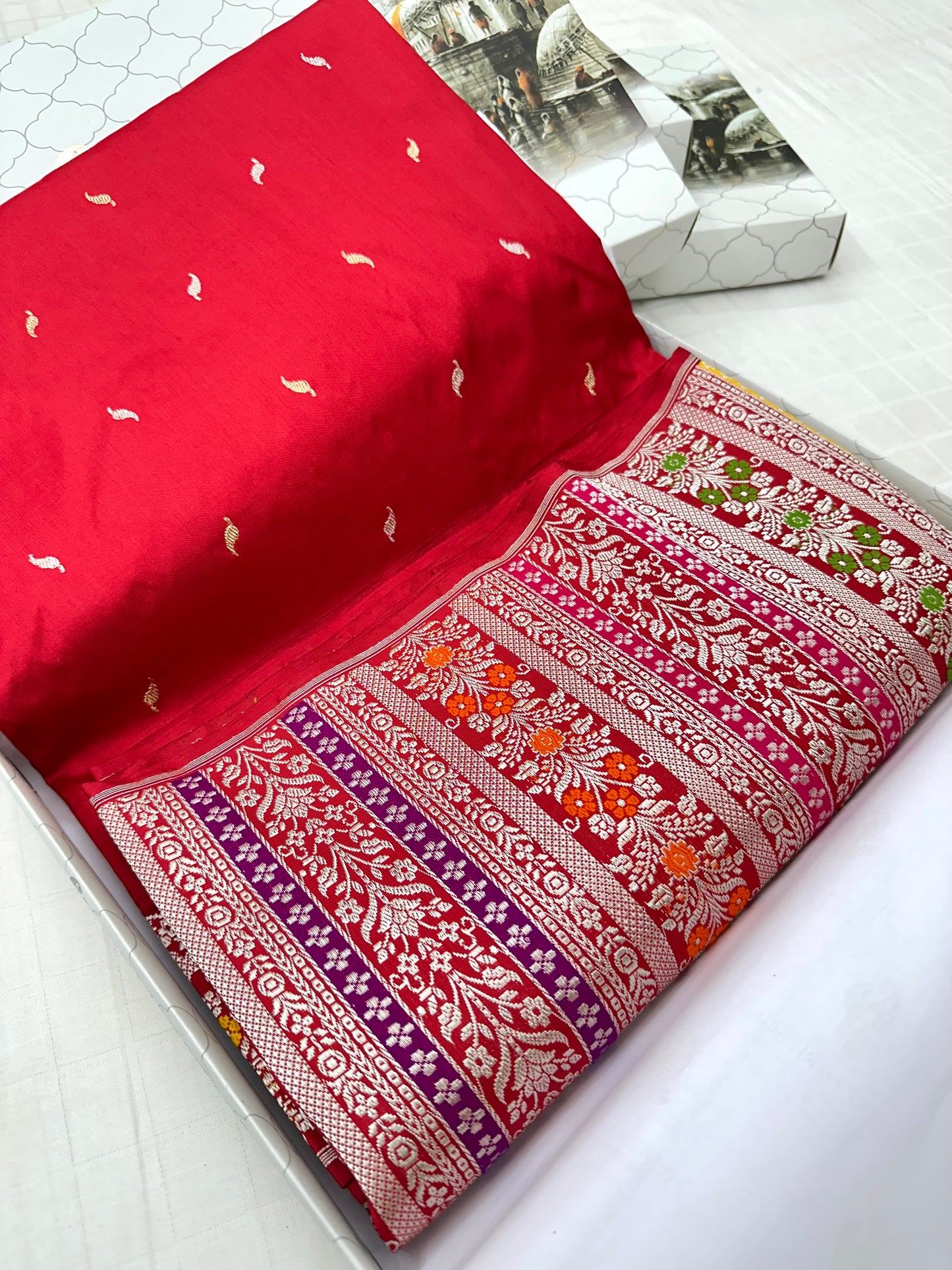 Red Designer Handloom Pure Banarasi Katan by Katan Silk Kadhwa weave Saree