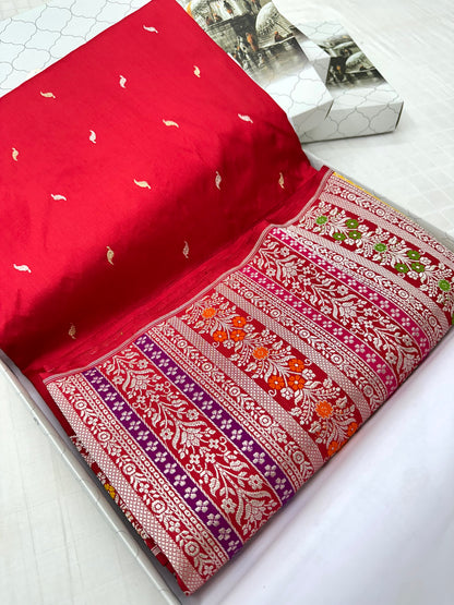 Red Designer Handloom Pure Banarasi Katan by Katan Silk Kadhwa weave Saree