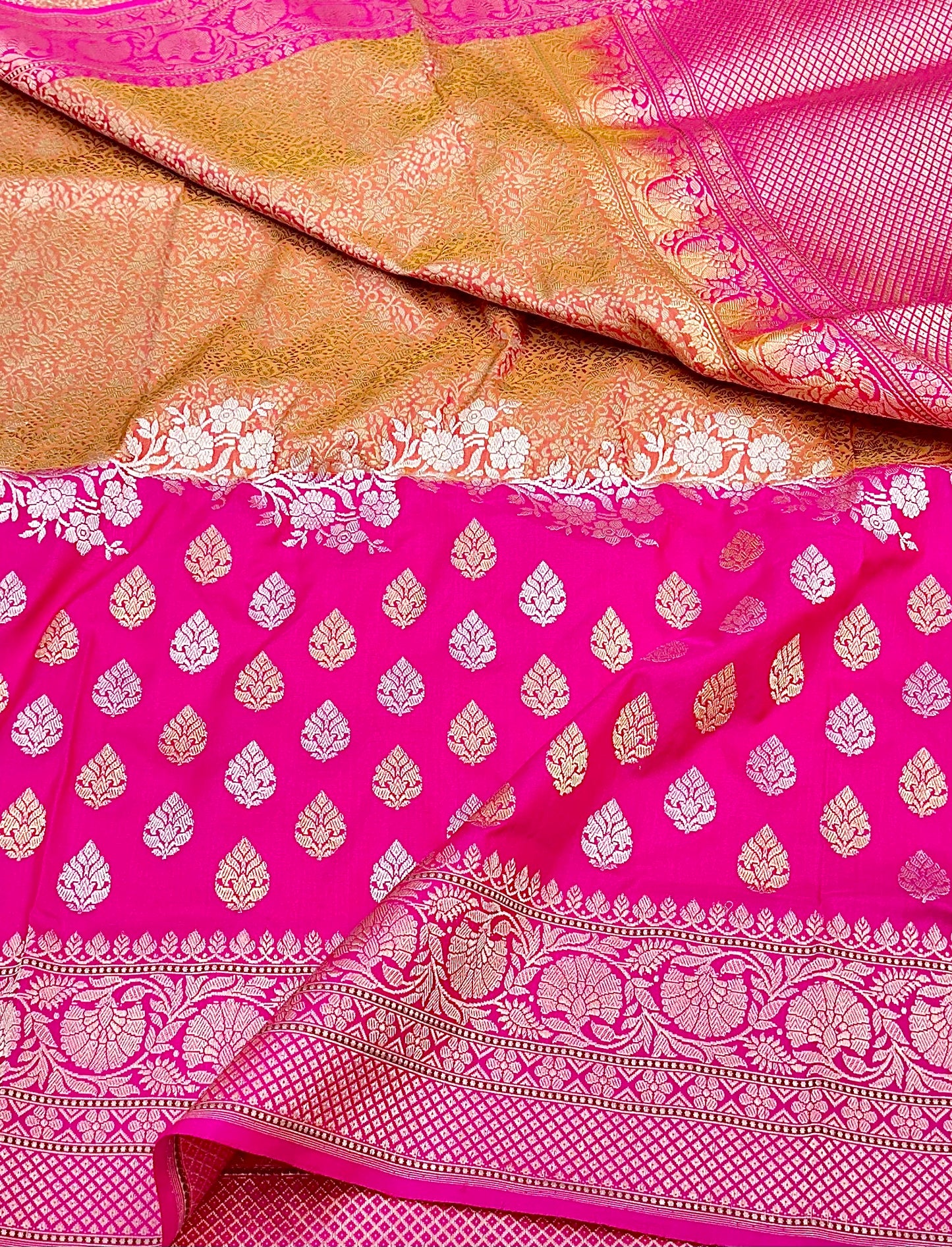 Rani Pink Designer Half-Half Handloom Pure Banarasi Katan by Katan Silk Kadhwa weave Saree
