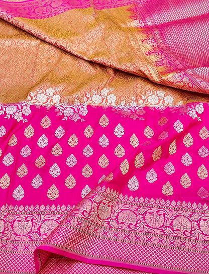 Rani Pink Designer Half-Half Handloom Pure Banarasi Katan by Katan Silk Kadhwa weave Saree