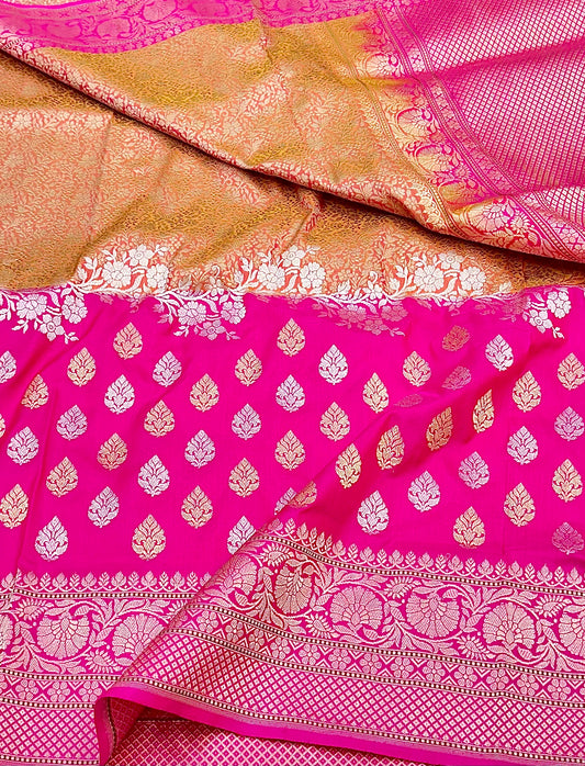 Rani Pink Designer Half-Half Handloom Pure Banarasi Katan by Katan Silk Kadhwa weave Saree