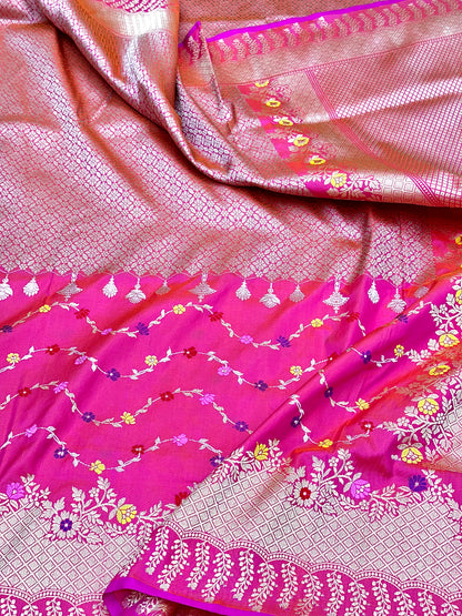 Strawberry Pink Designer Half-Half Handloom Pure Banarasi Katan by Katan Silk Kadhwa weave Saree