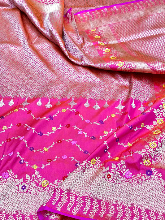Strawberry Pink Designer Half-Half Handloom Pure Banarasi Katan by Katan Silk Kadhwa weave Saree