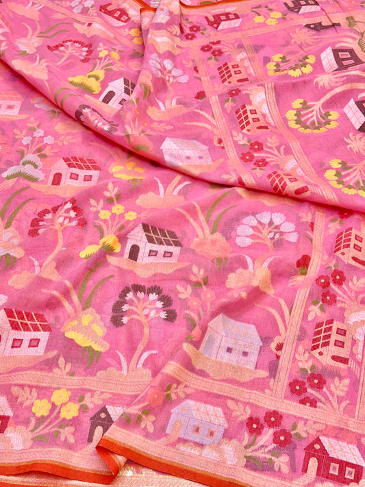 Pink Pure Banarasi Cotton Jamdani Cutwork weave Saree