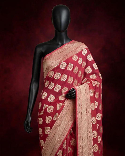 Gajri Pure Banarasi Chiffon Georgette Cutwork weave dyeable Saree