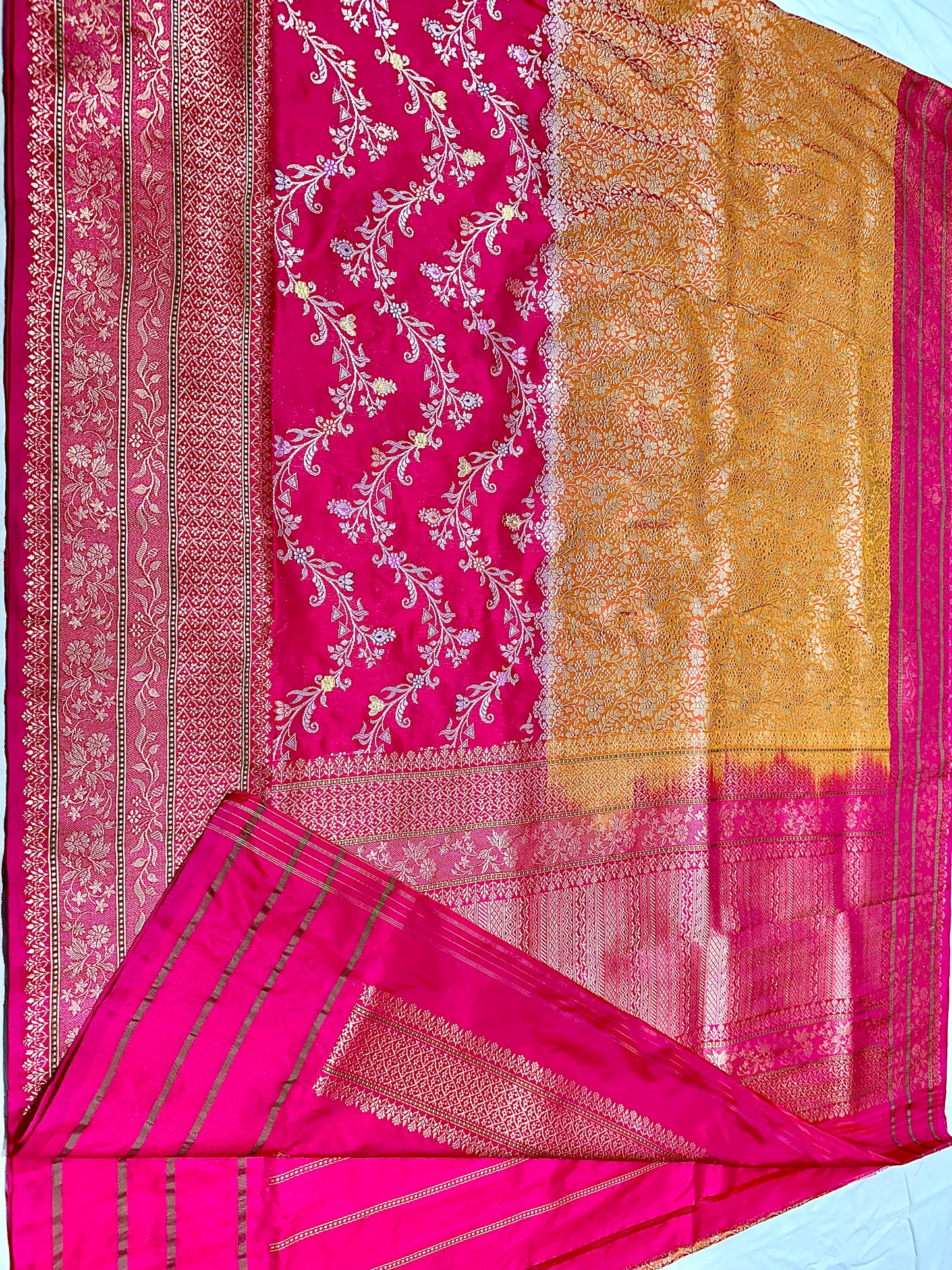 Rani Pink & Golden Designer Half-Half Handloom Pure Banarasi Katan by Katan Silk Kadhwa weave Saree