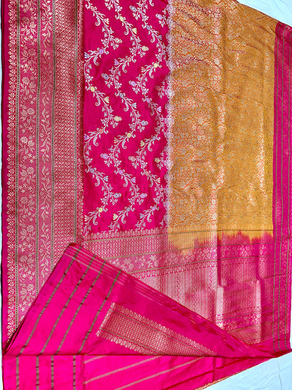 Rani Pink & Golden Designer Half-Half Handloom Pure Banarasi Katan by Katan Silk Kadhwa weave Saree