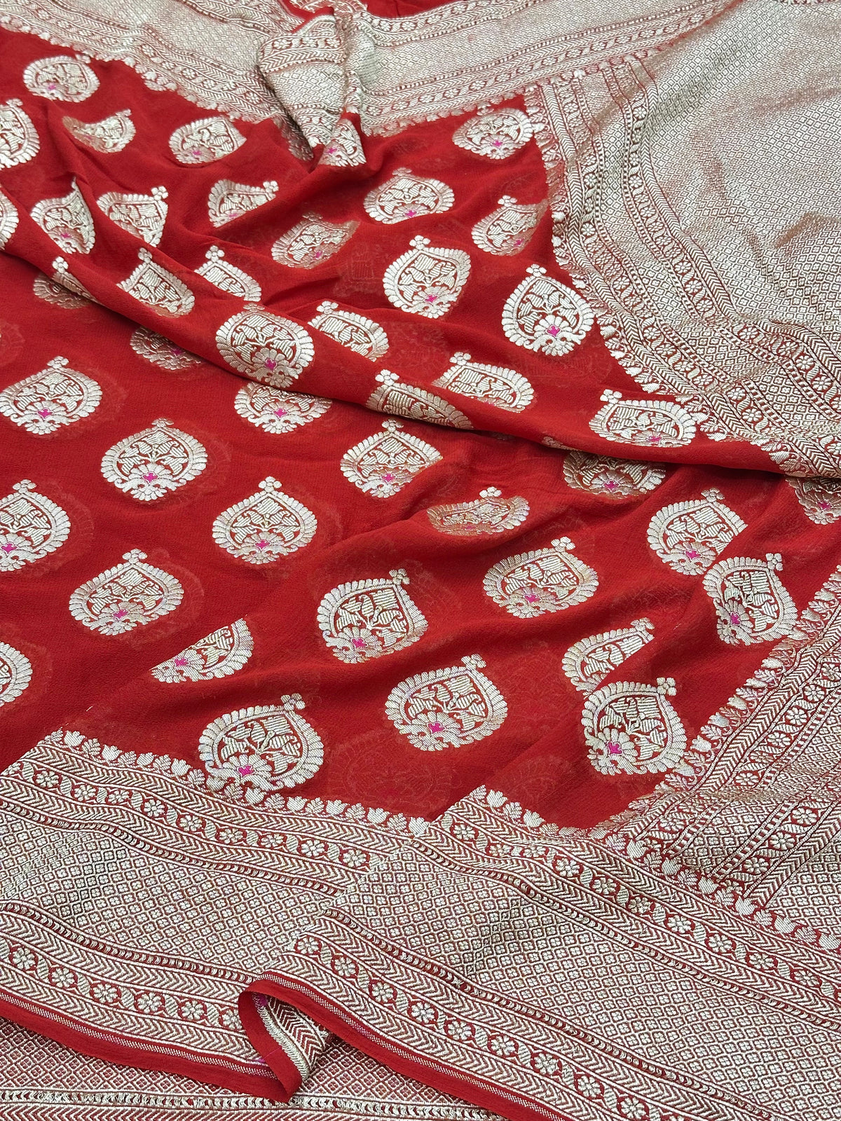 Red Pure Banarasi Chiffon Georgette Cutwork weave dyeable Saree