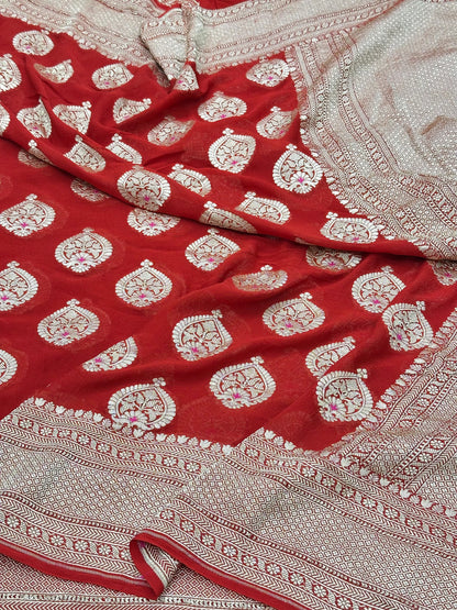 Red Pure Banarasi Chiffon Georgette Cutwork weave dyeable Saree