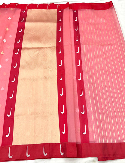 Strawberry Pure Banarasi Handloom Kadhwa Weave Kora Organza Saree