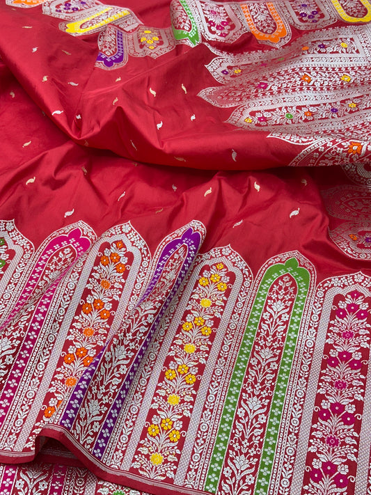 Red Designer Handloom Pure Banarasi Katan by Katan Silk Kadhwa weave Saree