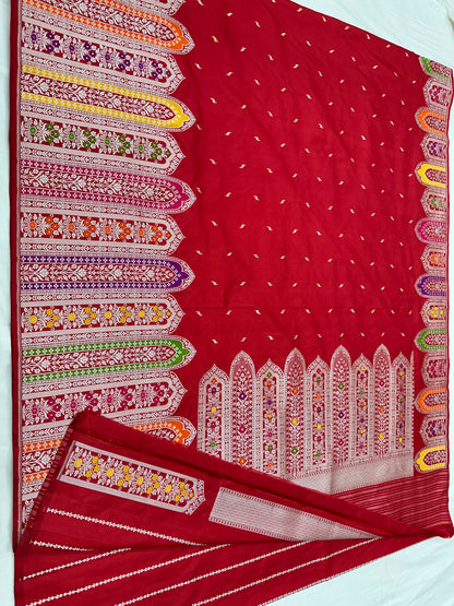 Red Designer Handloom Pure Banarasi Katan by Katan Silk Kadhwa weave Saree