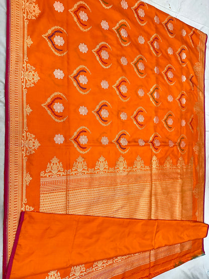 Fanta Orange designer Pure Handloom Banarasi Katan by Katan Silk Ektara Kadhwa weave Saree
