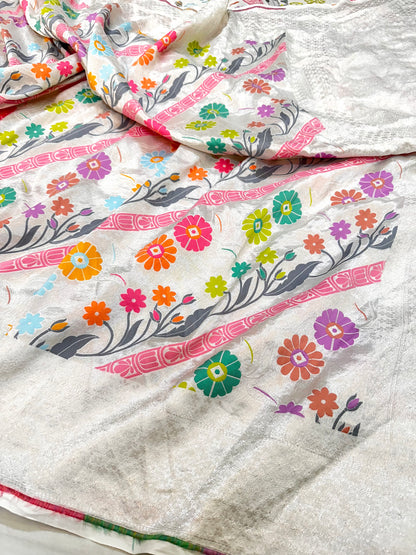 Ivory Banarasi Tassar Silk Cutwork weave dyeable Saree