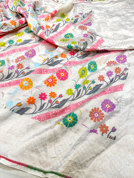 Ivory Banarasi Tassar Silk Cutwork weave dyeable Saree