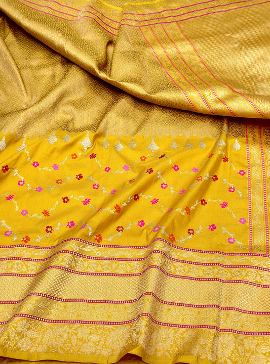 Mustard Yellow Handloom Pure Banarasi Katan by Katan Silk Kadhwa weave Saree