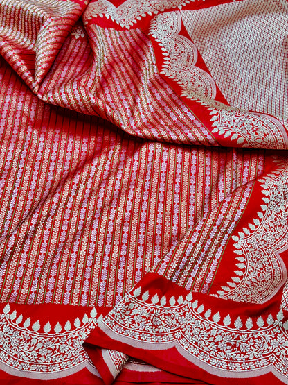Red Stripes Scallop border Designer Handloom Pure Banarasi Katan by Katan Silk Kadhwa Weave Saree
