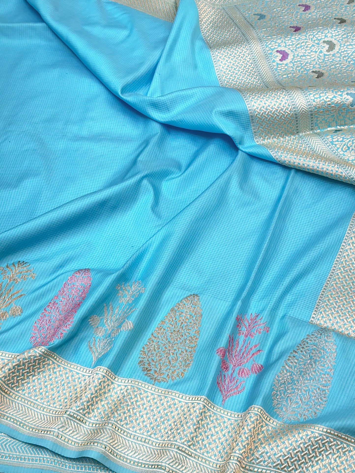 Sky Blue Pure Handloom Banarasi Katan by Katan Silk Ektara Kadhwa weave Saree