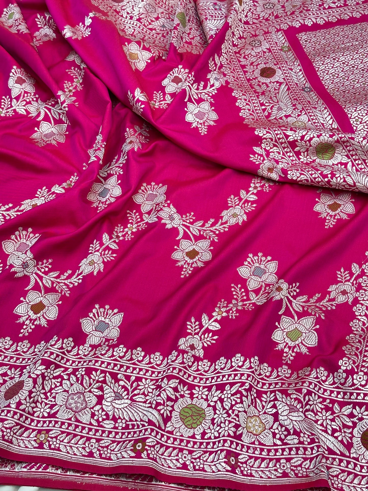 Strawberry Pink Pure Handloom Banarasi Katan by Katan Silk Ektara Kadhwa weave Saree