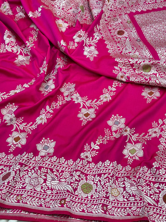 Strawberry Pink Pure Handloom Banarasi Katan by Katan Silk Ektara Kadhwa weave Saree