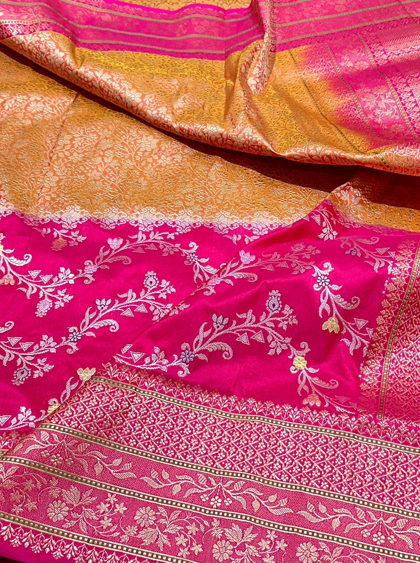 Rani Pink & Golden Designer Half-Half Handloom Pure Banarasi Katan by Katan Silk Kadhwa weave Saree