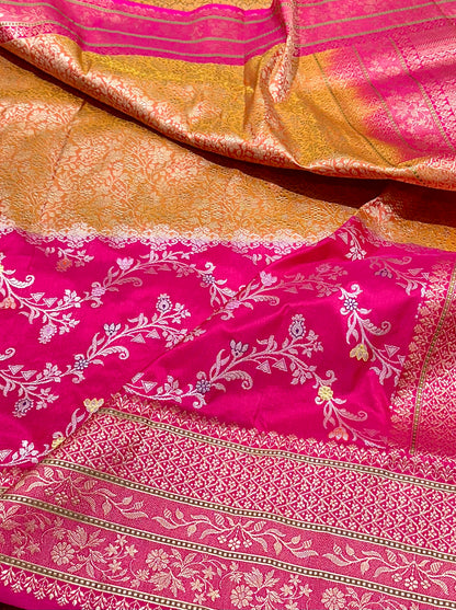 Rani Pink & Golden Designer Half-Half Handloom Pure Banarasi Katan by Katan Silk Kadhwa weave Saree