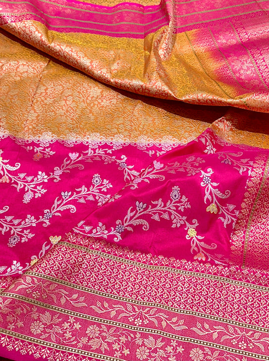 Rani Pink & Golden Designer Half-Half Handloom Pure Banarasi Katan by Katan Silk Kadhwa weave Saree