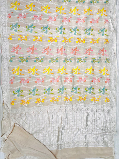 Ivory Banarasi Tassar Silk Cutwork weave dyeable Saree