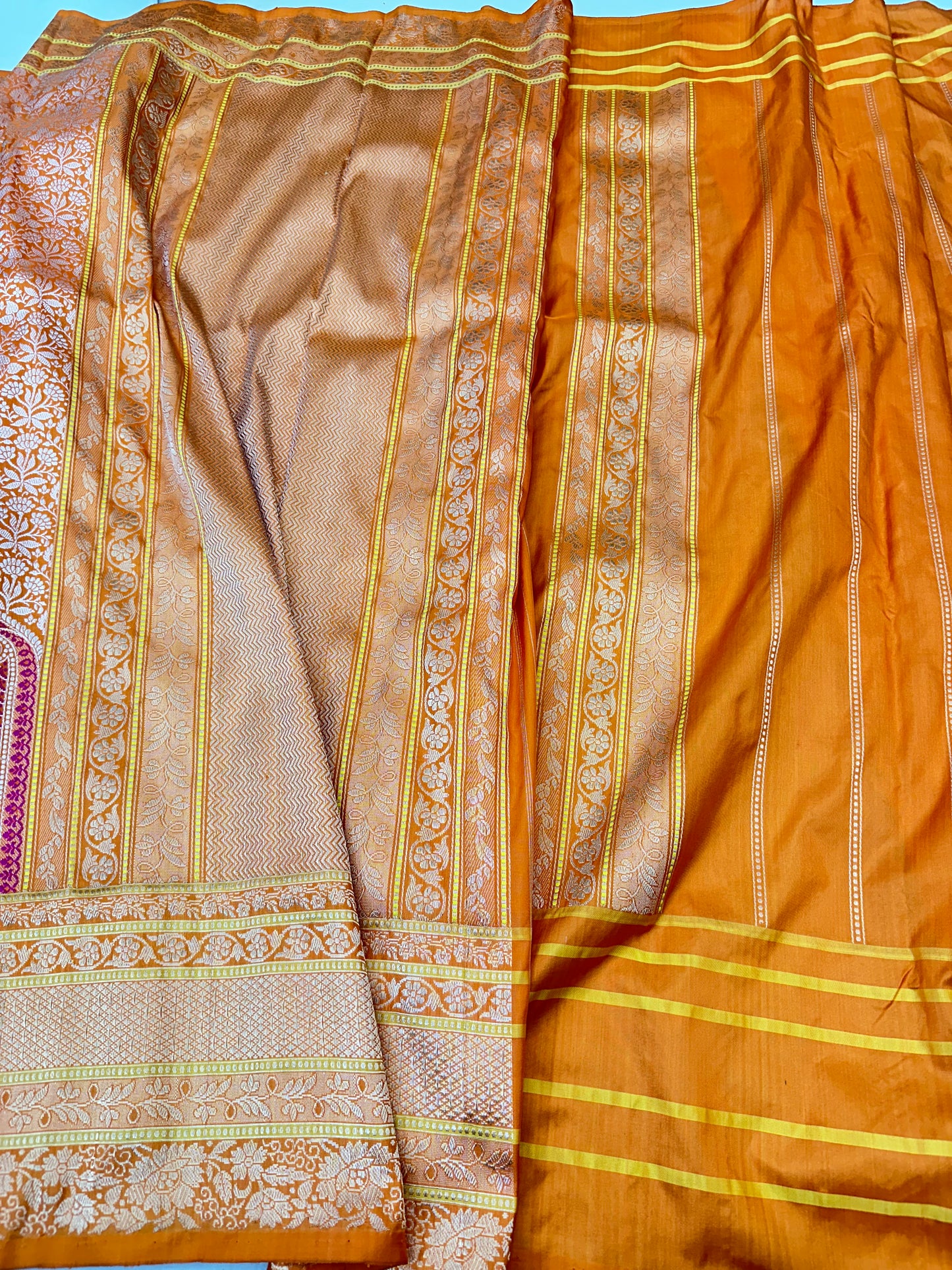Orange Skirt Pattern Designer Handloom Pure Banarasi Katan by Katan Silk Kadhwa weave Saree