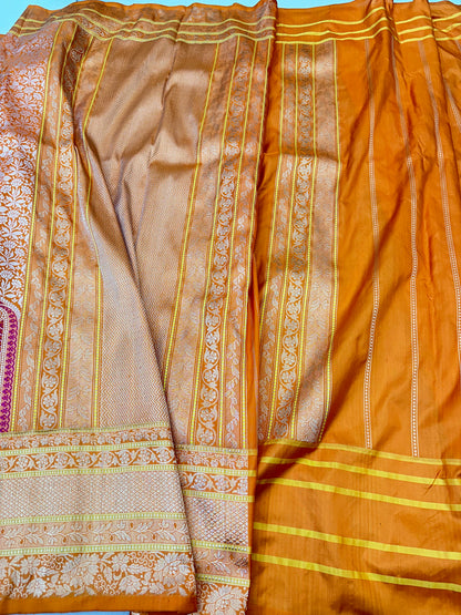 Orange Skirt Pattern Designer Handloom Pure Banarasi Katan by Katan Silk Kadhwa weave Saree