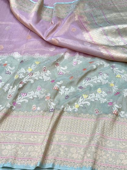 Sea Green & Lavender Half-Half Designer Handloom Pure Banarasi Katan by Tissue Silk Kadhwa weave Saree