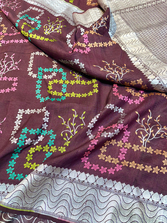 Dark Brown Pure Banarasi Tassar Silk Cutwork weave dyeable Saree
