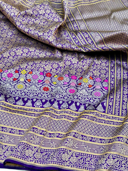 Purple Designer Handloom Pure Banarasi Katan by Katan Silk Kadhwa weave Saree
