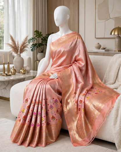 Peach Handloom Pure Banarasi Katan by Katan Silk Kadhwa weave Saree