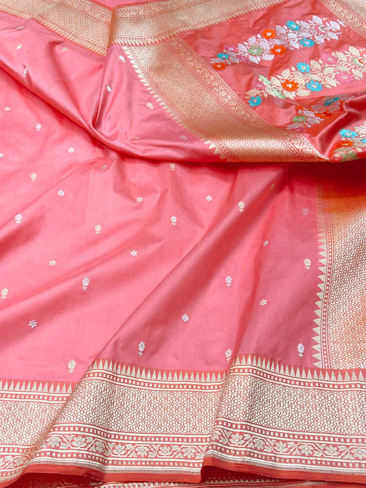 Peach Pink Handloom Pure Banarasi Katan by Katan Silk Kadhwa weave Saree