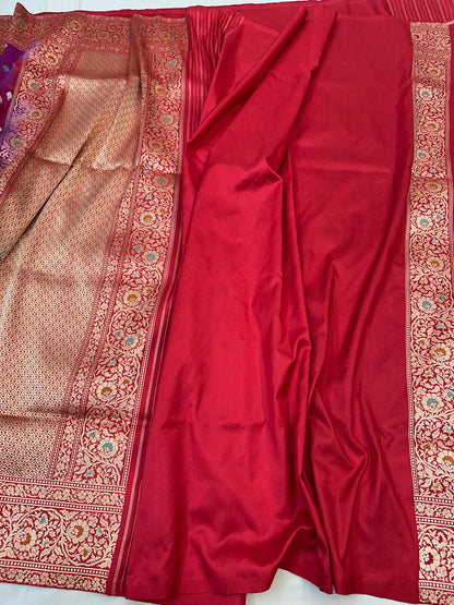 Magenta Pure Handloom Banarasi Katan by Katan Silk Kadhwa weave Saree