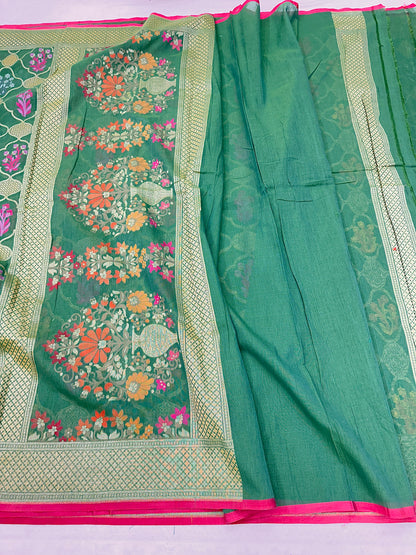 Green Pure Banarasi Cotton Jamdani Cutwork weave Saree