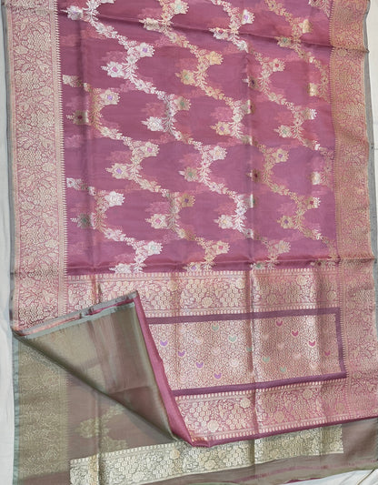 Gajri Pink Pure Handloom Banarasi Kora Organza  Ektara Kadhwa weave Saree